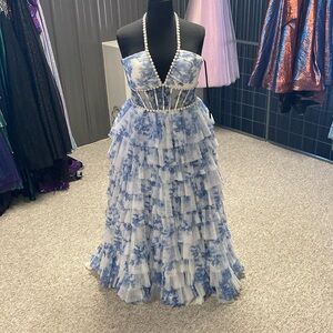Alyce Paris Blue and White Tiered Dress #61730